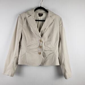 Unger‎ Women's 12 Button Up Cinched Summer Blazer Cream Tan Textured Pinstripe
